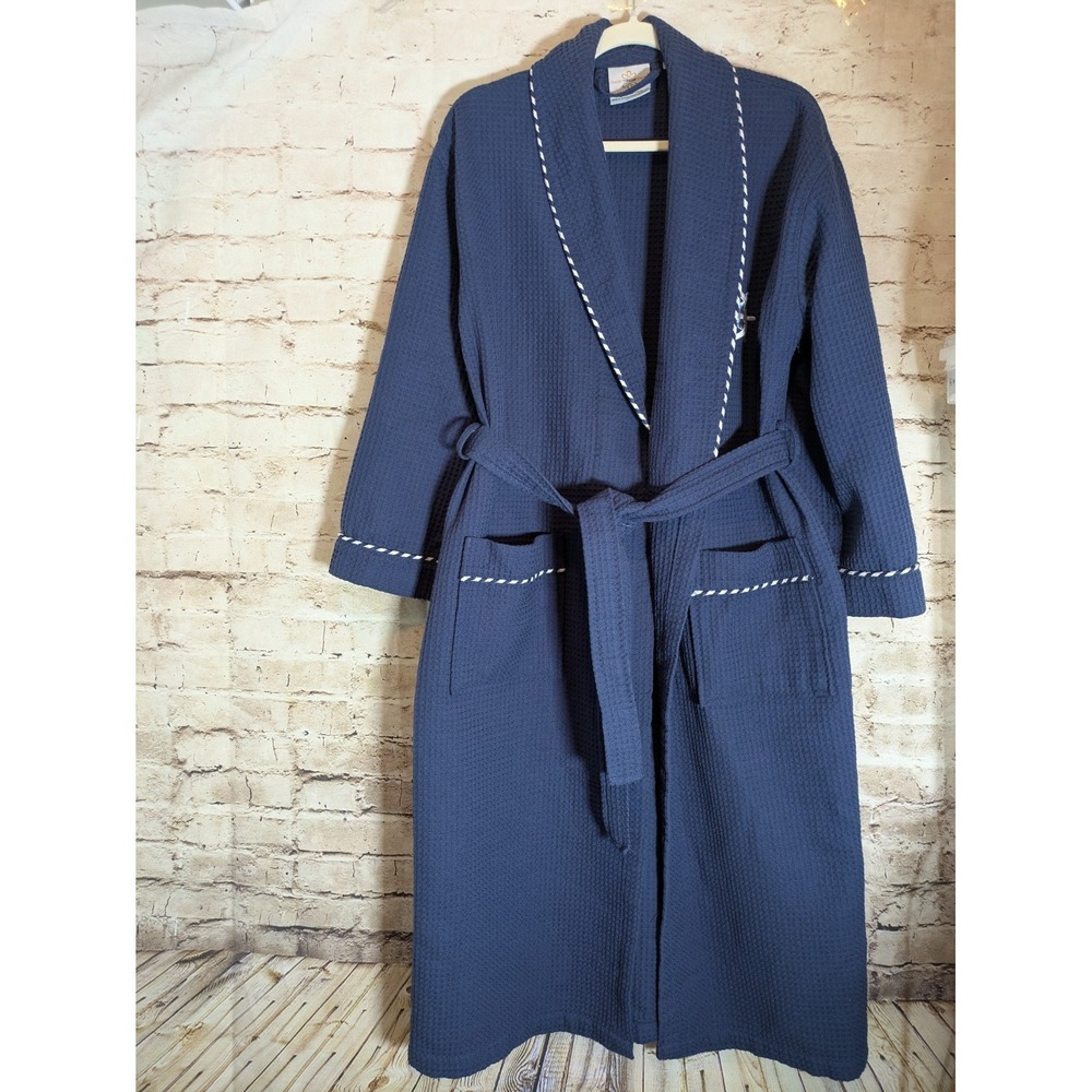 Classic Turkish Towels Bathrobe Mens Large In Navy Blue Drop Pockets Belted